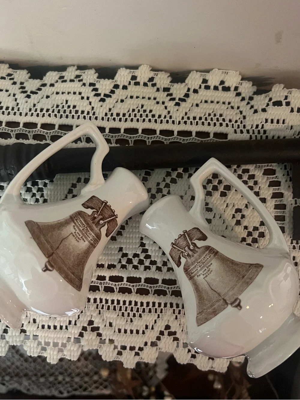 Ironstone Americana Liberty Bell brown off white salt & pepper shakers